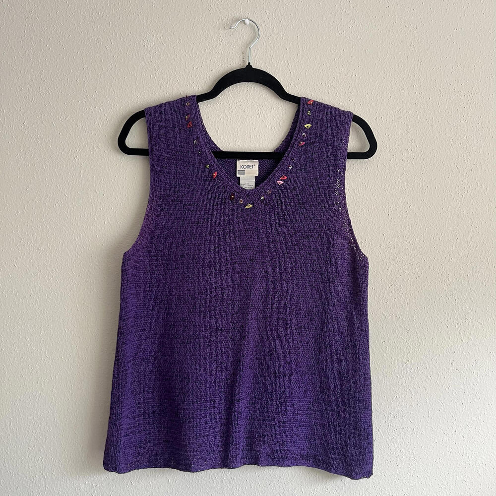Vintage Koret Knit Sleeveless Sweater Large Beaded Colorful Eclectic Grandma